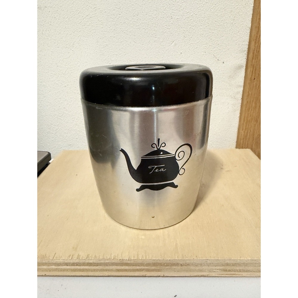 Vintage West Bend Aluminum TEA Canister Silver With Black Lid